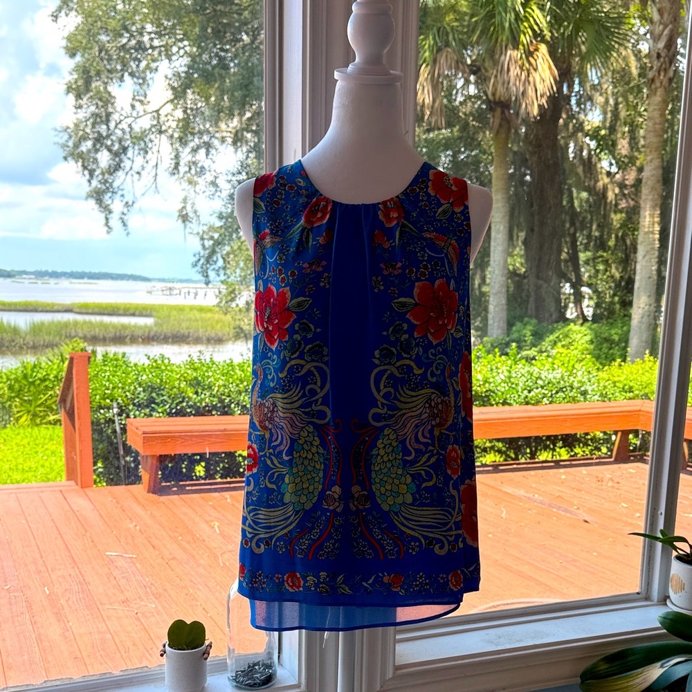 Rose & Olive Vibrant Blue Blouse with Red Floral Accents